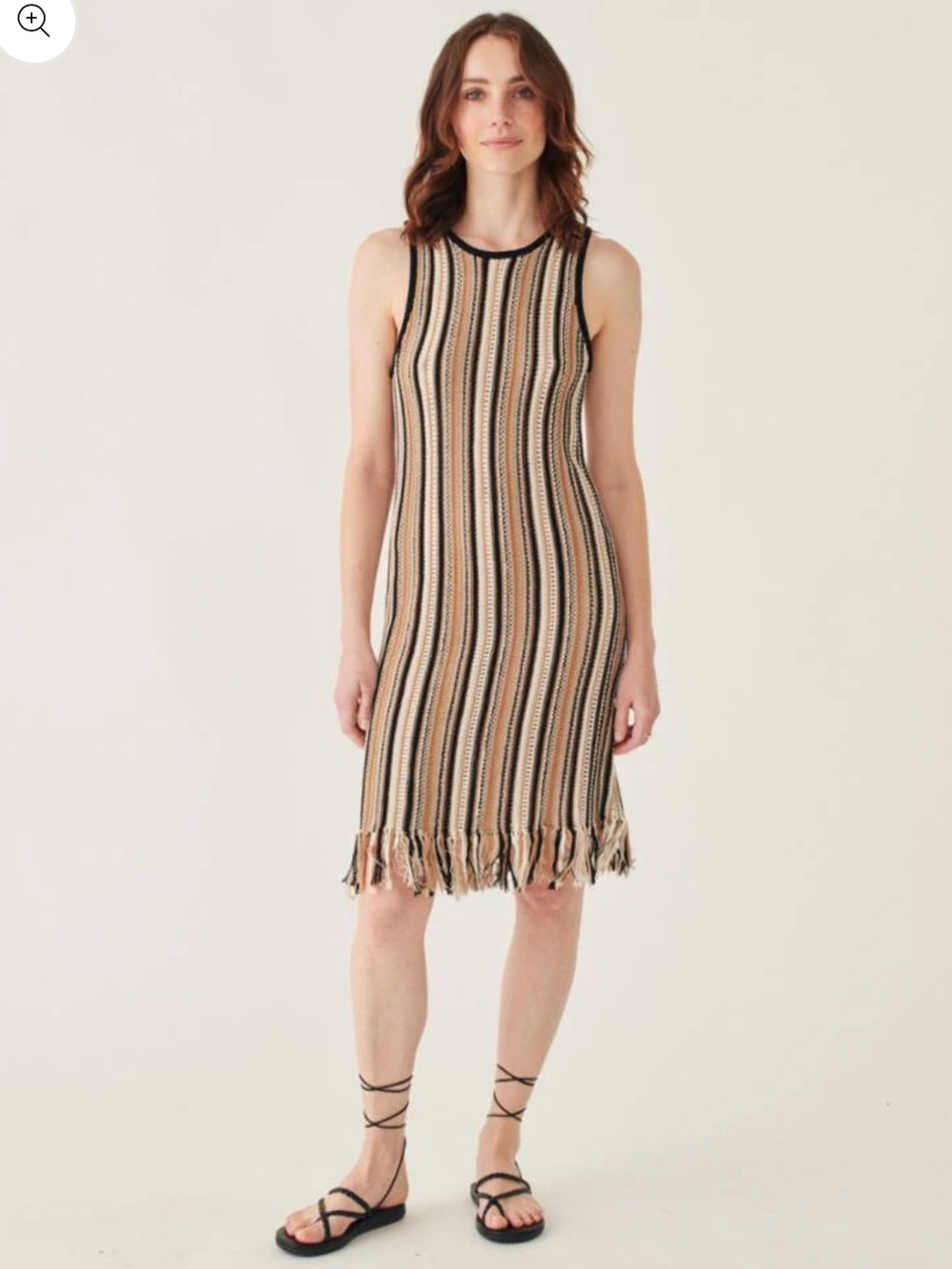 White + Warren Striped Open-Knit Crew Sweater Dress NWT in Black, Cream & Tan